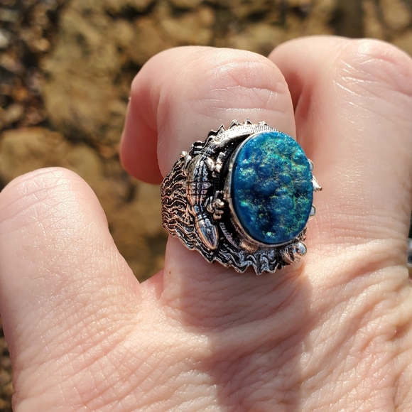 New Unique Blue Titanium Druzy Lizard Silver Ring. - Picture 4 of 12